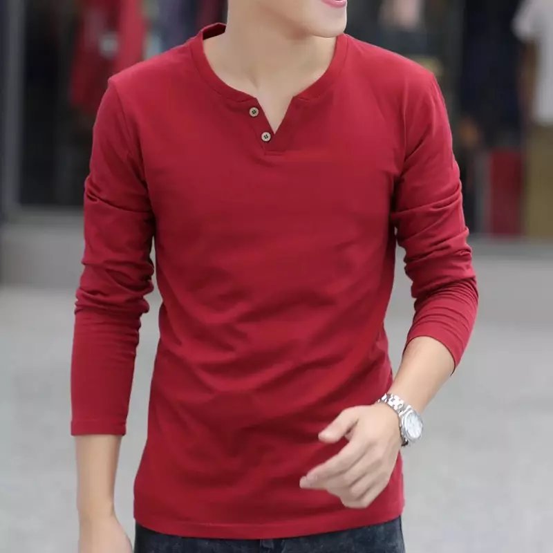 Korean Style V-neck Two-button Long-sleeved T-shirt