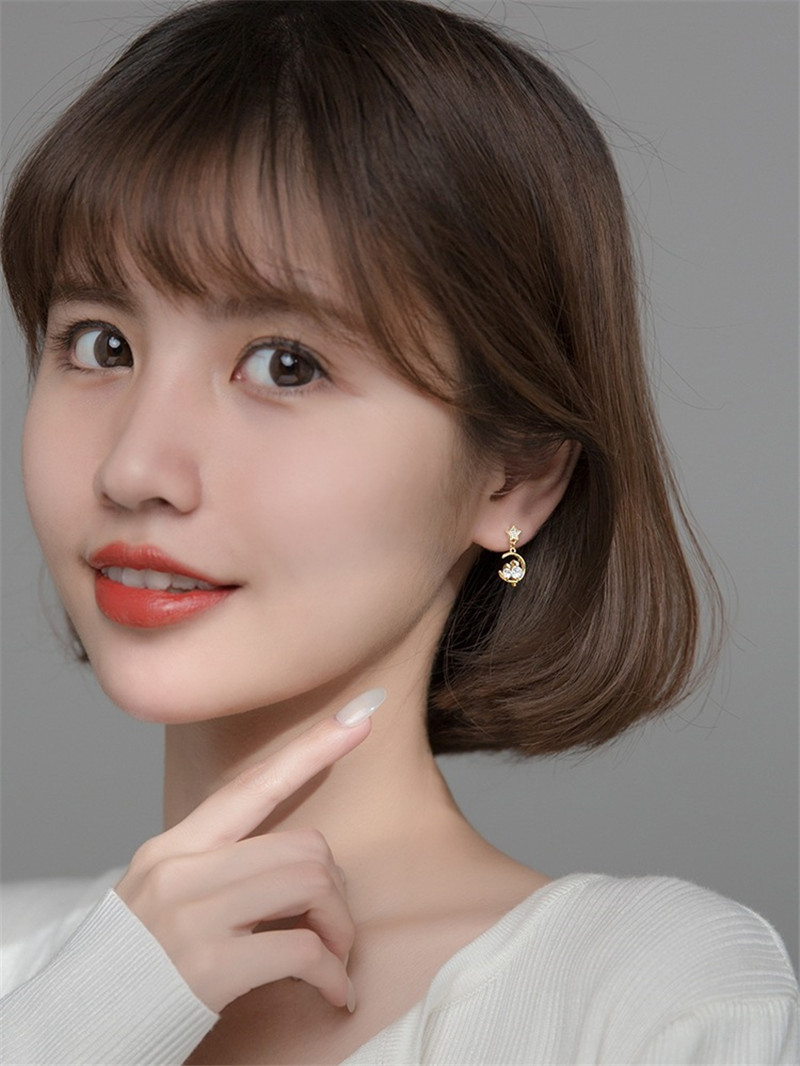 S925 Silver Needle Diamond Cat Moon Earrings