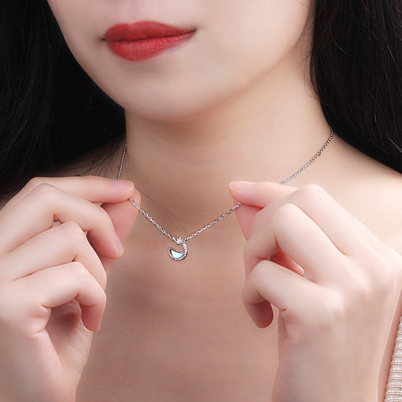 Moonstone Sterling Silver Necklace Women Fashion Design Clavicle Chain Moon Pendant Necklace