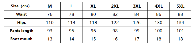 Men's embroidered pants size chart