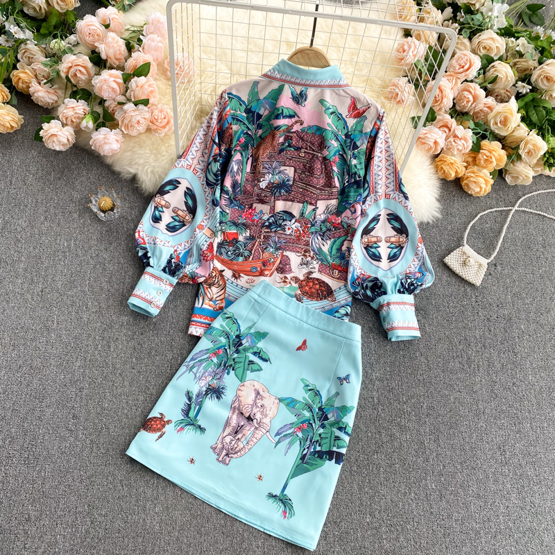 Spring New Lapel Puff Sleeve Shirt   High Waist Slim Skirt Retro Print Set