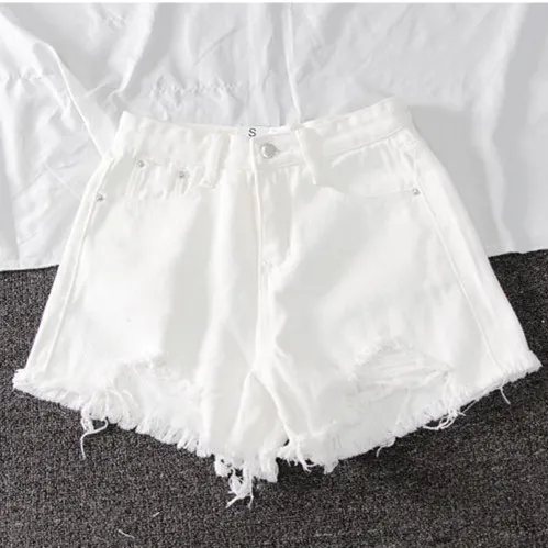 Summer New Denim High Waist Korean Shorts Women Loose Holes Chic Tassel A Word Wide Leg Hot Pants Trend White - Shop at LoveMi