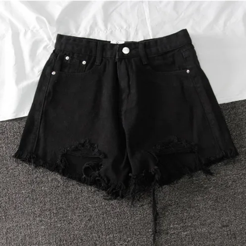 Summer New Denim High Waist Korean Shorts Women Loose Holes Chic Tassel A Word Wide Leg Hot Pants Trend Black - Shop at LoveMi