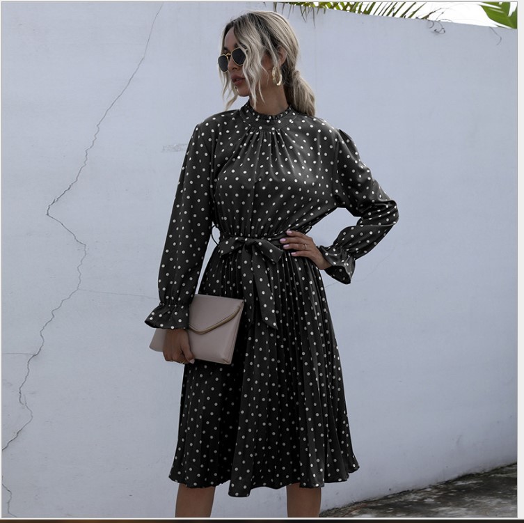 Dress With Polka Dot Waistband And Thin Pleated Skirt Fashionable Temperament Women'S Clothing