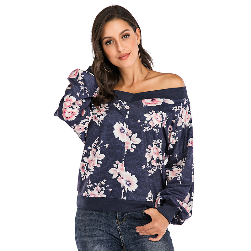 New Style Printed Sweater Women's New Long Sleeved One Shoulder Top