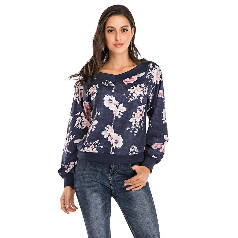 New Style Printed Sweater Women's New Long Sleeved One Shoulder Top