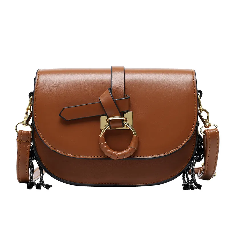 Solid Color Bag Women's Bag Single Shoulder Texture Retro Saddle Bag - Brown