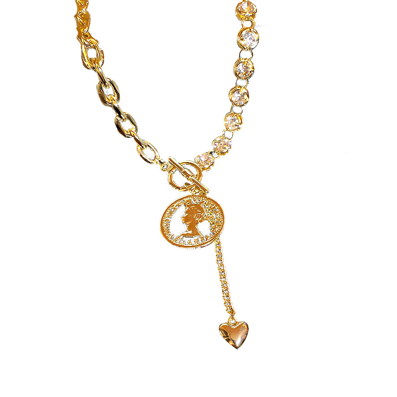European And American Fashion Metal Coin Chain Necklace Temperament Diamond-Studded Y-Shaped Clavicle Chain Short Choker Sweater Chain Women