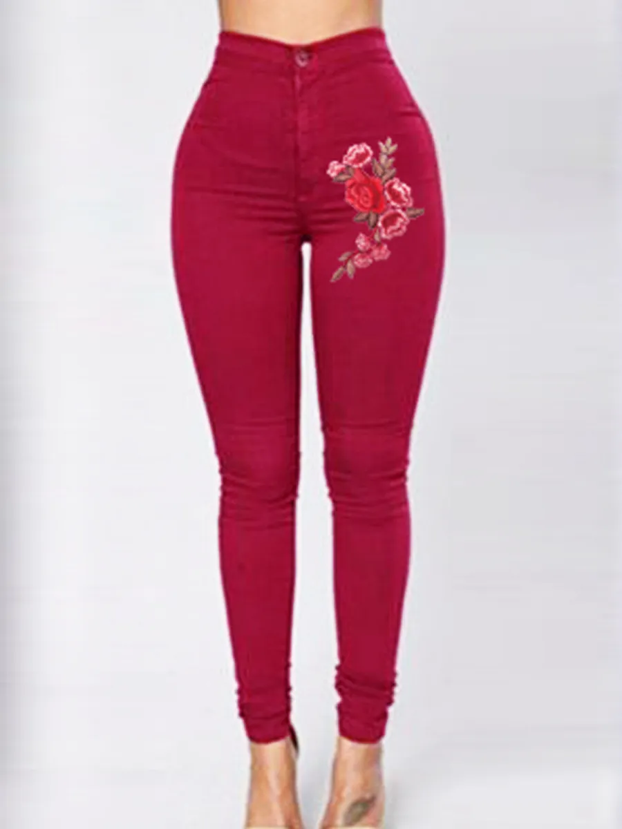 Summer Hot Style Women's Color Embroidered Stretch Jeans Women - Red