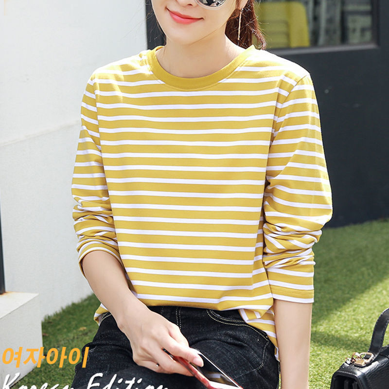 Ladies Long Sleeve T-Shirt Ladies Striped Top Crew Neck Bottom Shirt