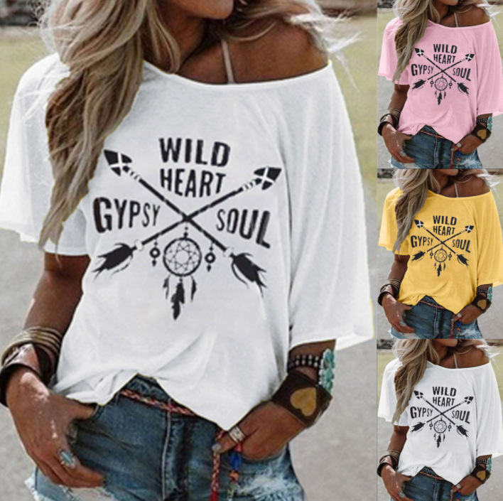 Loose Pullover White Round Neck Printed T-shirt