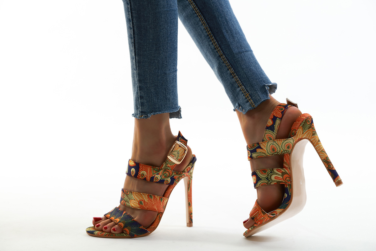 Color Clock Stiletto High Heels Open-toed Women's Shoes With Empty Back