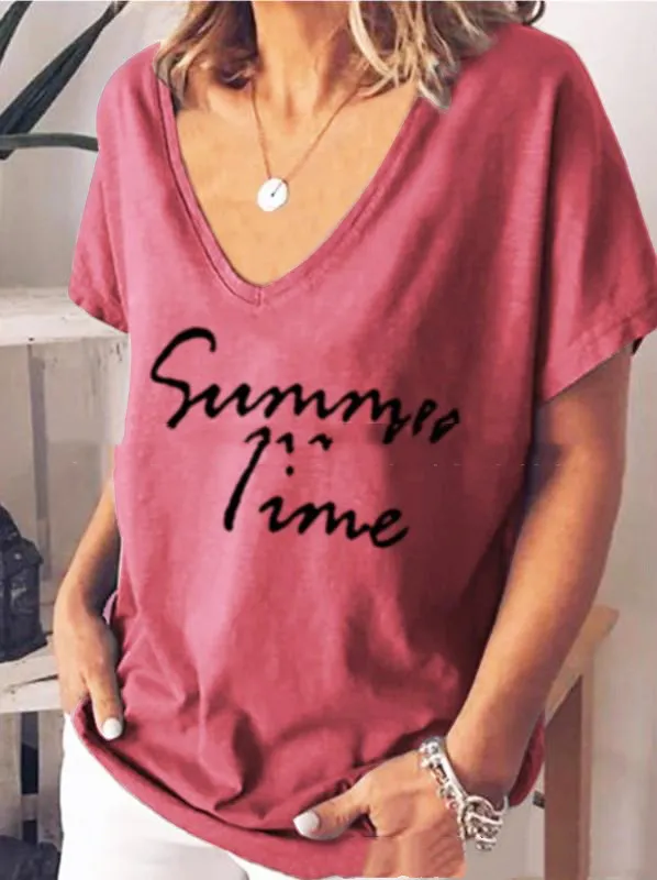 Ladies Fashion Short Sleeve V Neck Letter Print Top T Shirt Pink - Shop at LoveMi