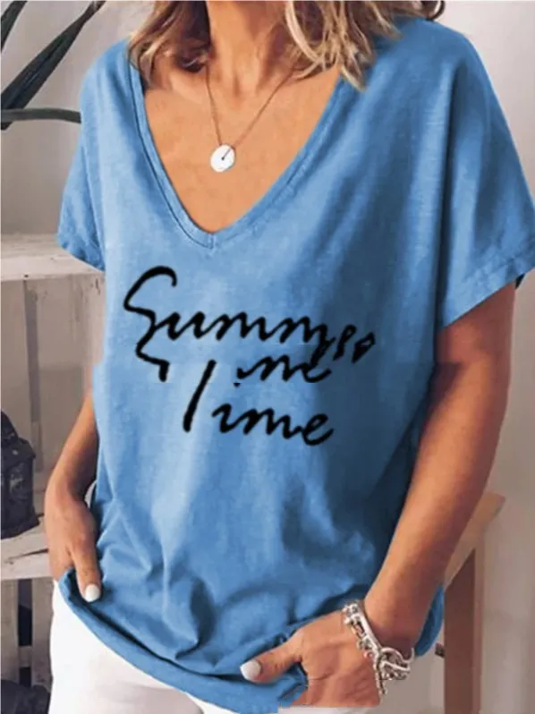 Ladies Fashion Short Sleeve V Neck Letter Print Top T Shirt Blue - Shop at LoveMi