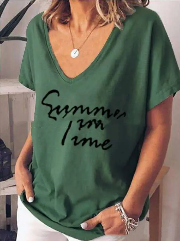 Ladies Fashion Short Sleeve V Neck Letter Print Top T Shirt Green - Shop at LoveMi