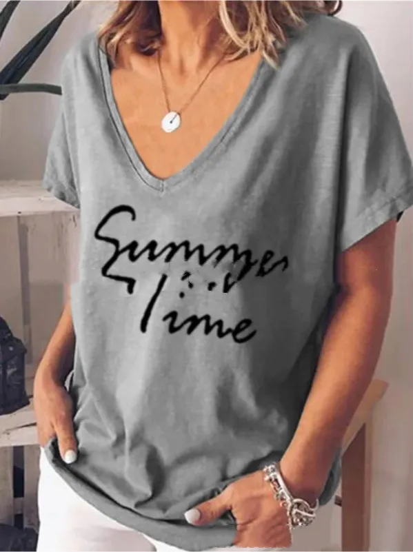 Ladies Fashion Short Sleeve V Neck Letter Print Top T Shirt Grey - Shop at LoveMi