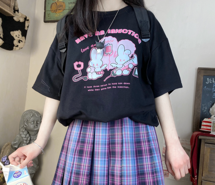 Injecting Rabbit Cute Soft Sister Print T-Shirt Women