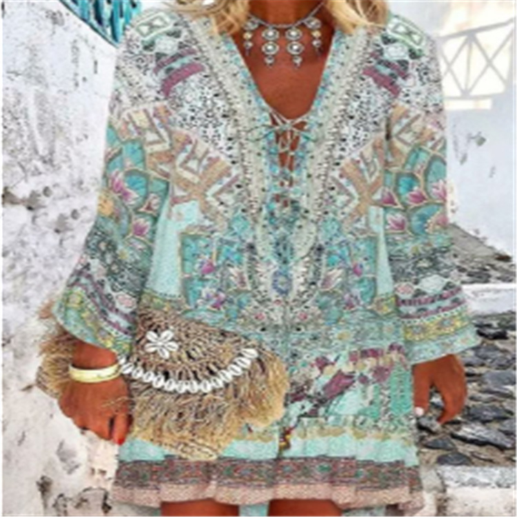 V-neck Irregular Positioning Digital Print Dress