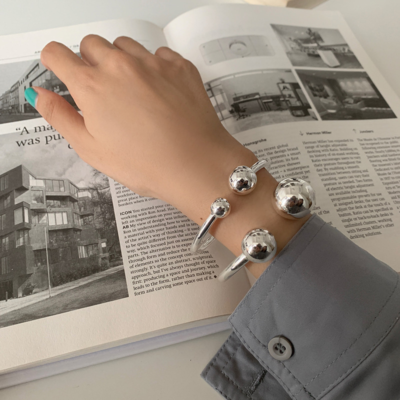 Korean Version Of S925 Silver Personalized Round Ball Bracelet Female Retro Thai Silver Size Round Bead Creative Bracelet