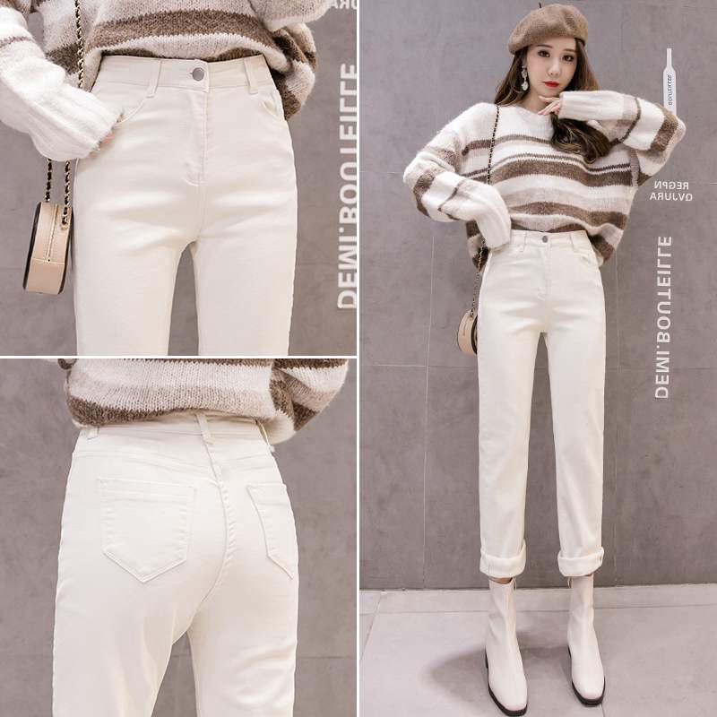 Korean Version Of Solid Color High Waist Slim Casual Straight Cropped Trousers Cream - Shop at LoveMi