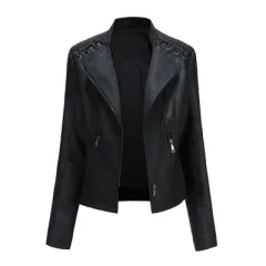 Women's Leather Jackets Women's Short Jackets Slim Thin Leather Jackets Ladies Motorcycle Suits - Black - View 1