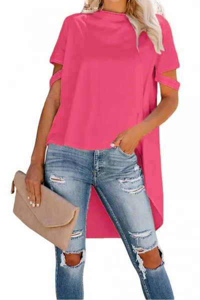 New Round Neck Loose Irregular Short Sleeved T Shirt Women Pink - Shop at LoveMi