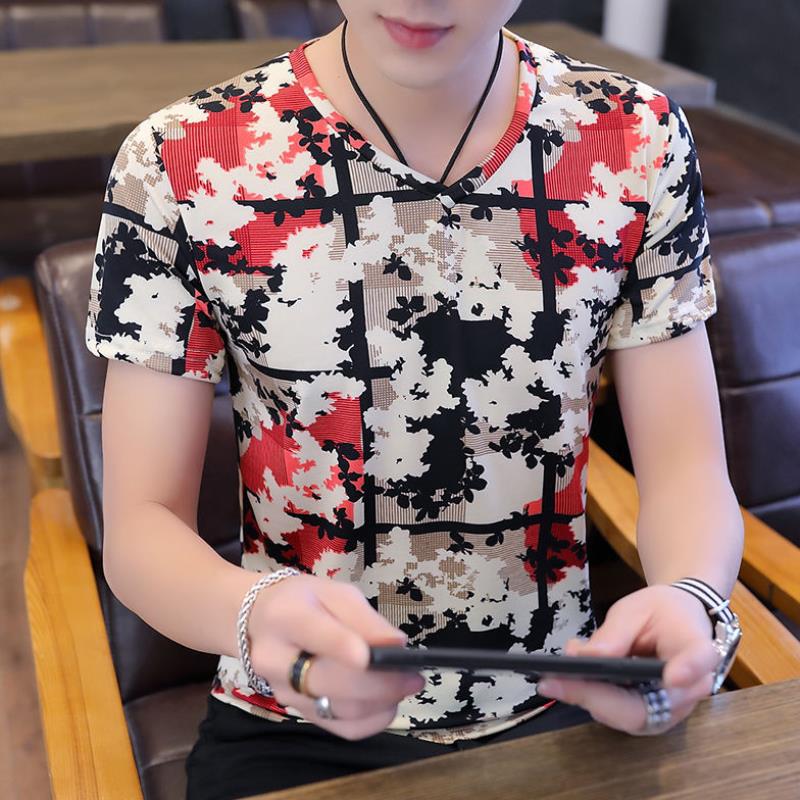 Men'S Ice Silk Flower v-Neck Short-Sleeved Top