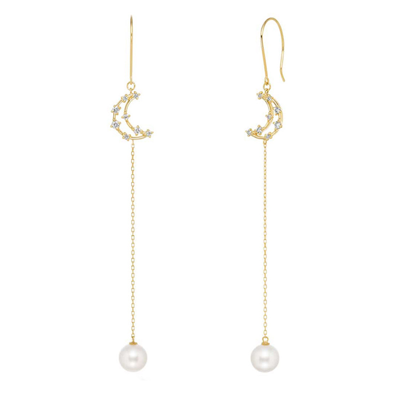 Silver Twilight Moon Natural Pearl Tassel Earrings