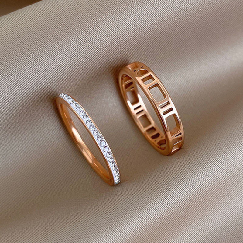 Rose Gold Titanium Steel Ring Female Roman Hollow Full Rhinestone