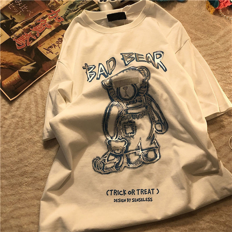  Summer New Ins Tide Brand Creative Graffiti Bear Print Short-Sleeved T-Shirt Male Loose Half-Sleeved Round Neck t-Shirt