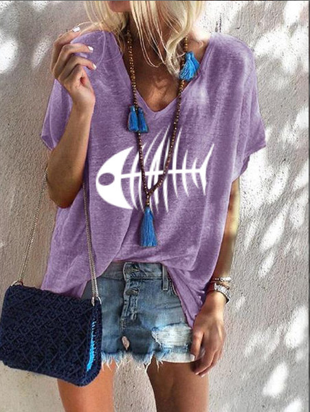 Women's Fashion Plus Size Loose Top Summer V Neck Short Sleeve