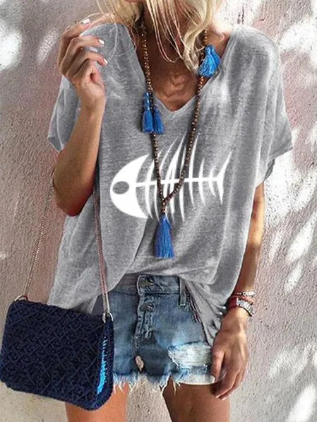 Women's Fashion Plus Size Loose Top Summer V Neck Short Sleeve Grey - Shop at LoveMi