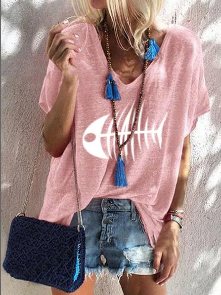 Women's Fashion Plus Size Loose Top Summer V Neck Short Sleeve Pink - Shop at LoveMi