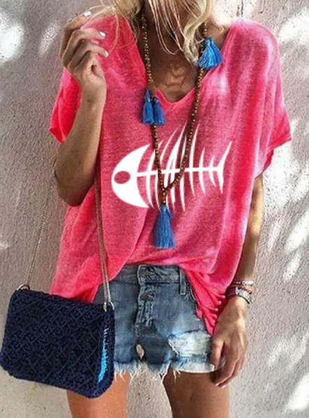 Women's Fashion Plus Size Loose Top Summer V Neck Short Sleeve Red - Shop at LoveMi