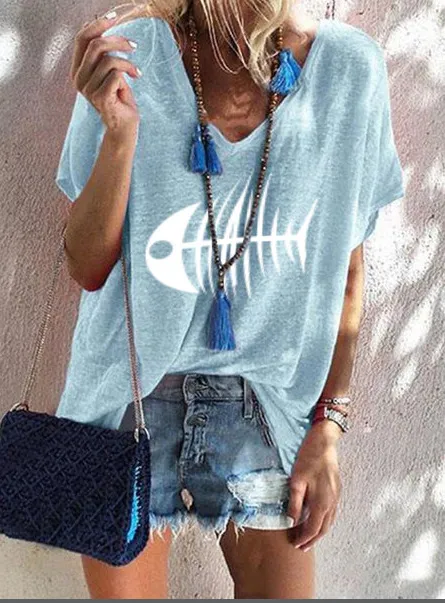 Women's Fashion Plus Size Loose Top Summer V Neck Short Sleeve Light Blue - Shop at LoveMi