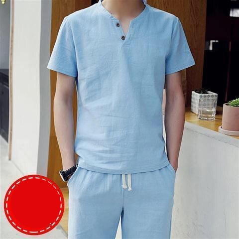 Linen Short Sleeved T Shirt Men's V Neck Half Sleeved T Shirt