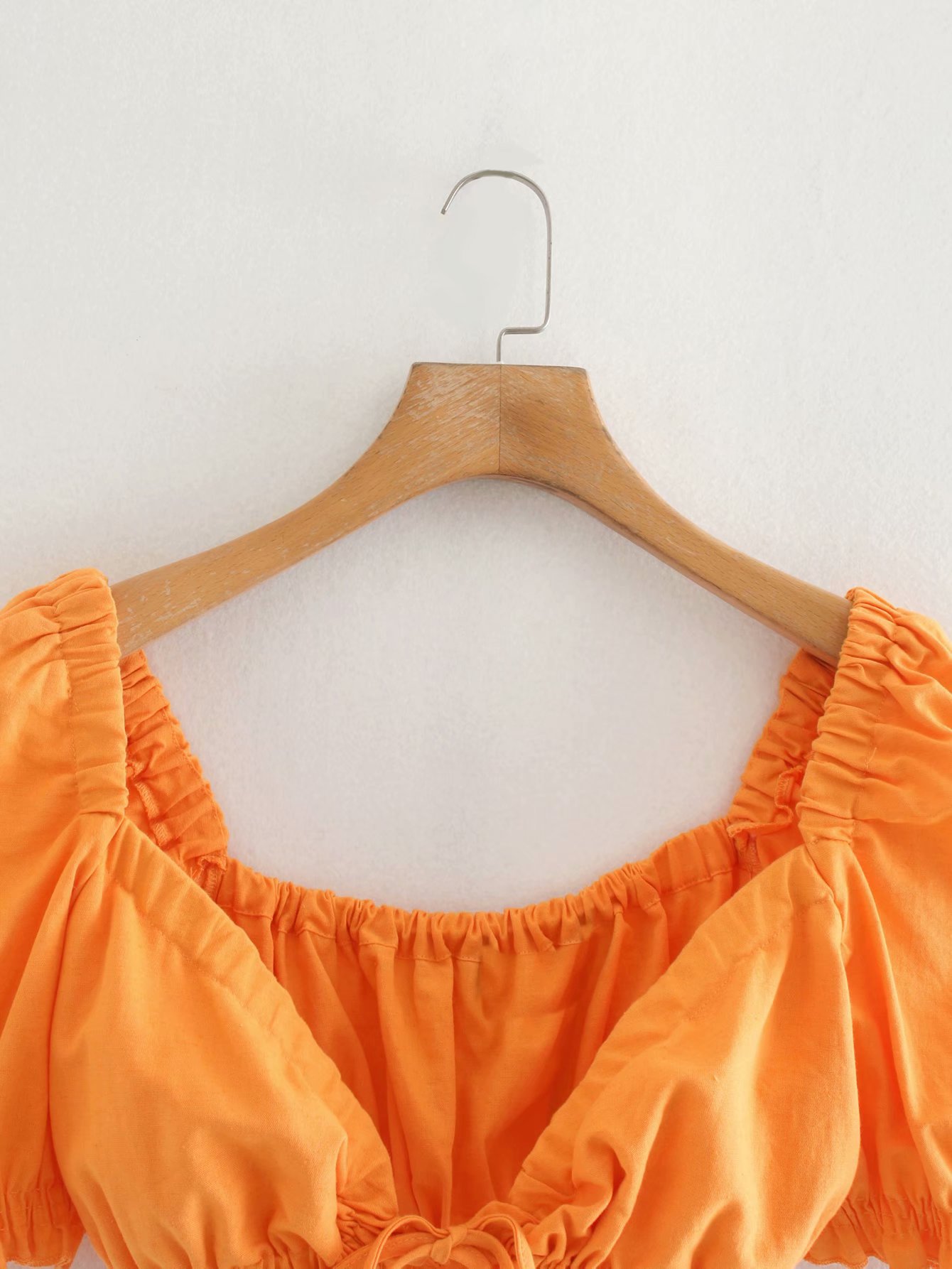 V-neck Tie Design Short Puff Sleeve Linen Blouse Top