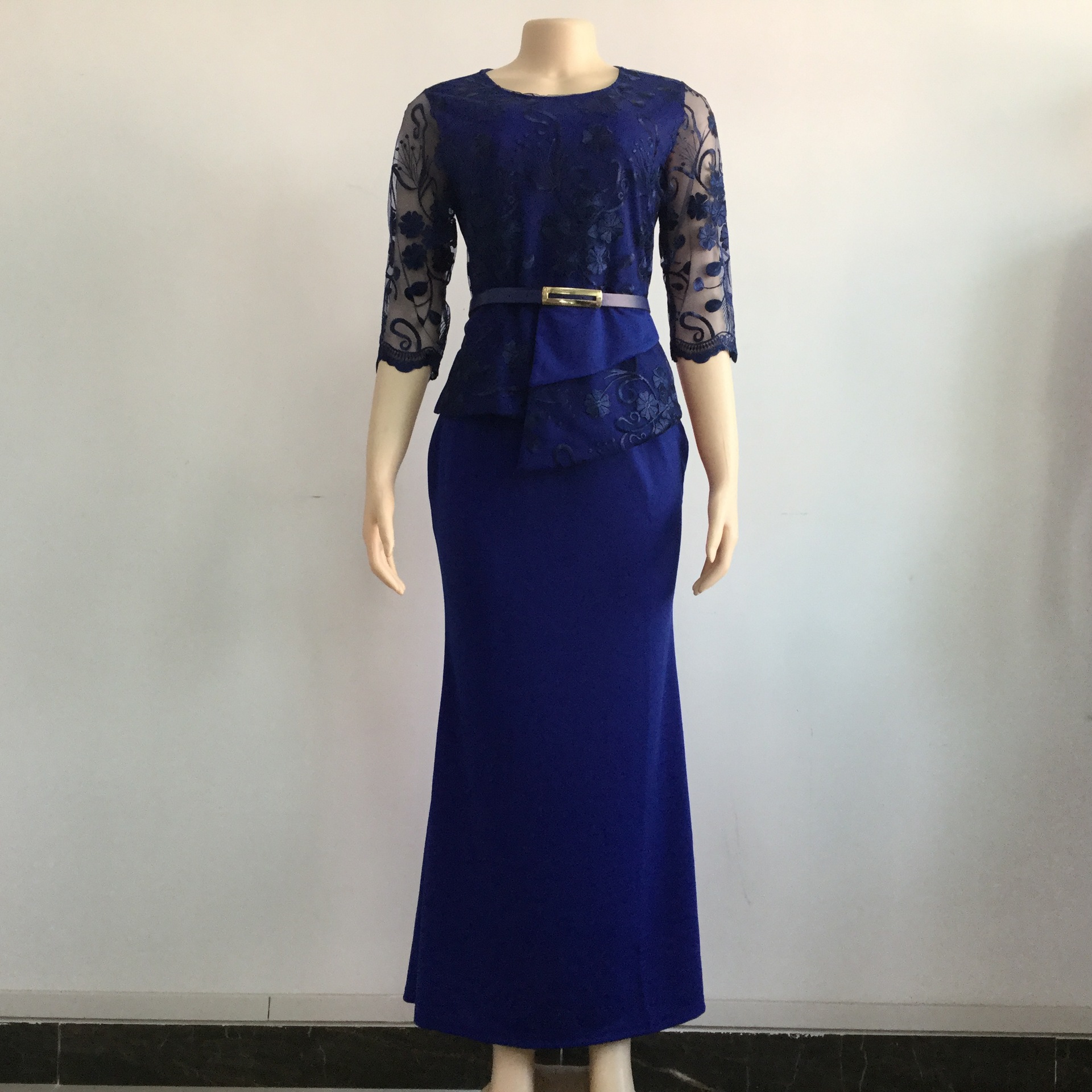 Fall New Women's Plus Size Mother's Dress Lace Stitching With Belt Fake Two-piece Dress