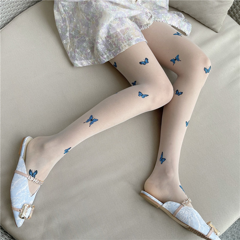 Blue Butterfly Print Core-spun Bottoming Stockings