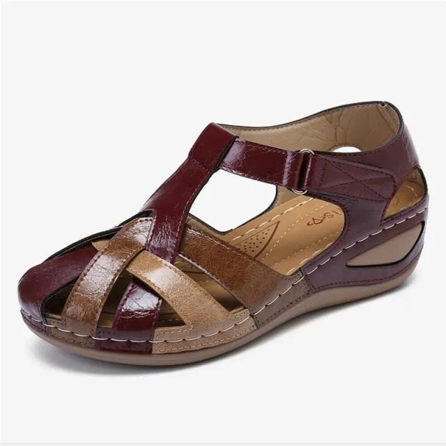 Summer New Retro Round Head Wedge Heel Ladies Cross Buckle Sandals Red - Shop at LoveMi