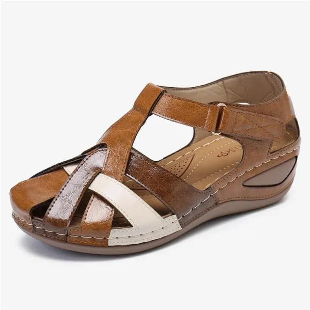 Summer New Retro Round Head Wedge Heel Ladies Cross Buckle Sandals Brown - Shop at LoveMi