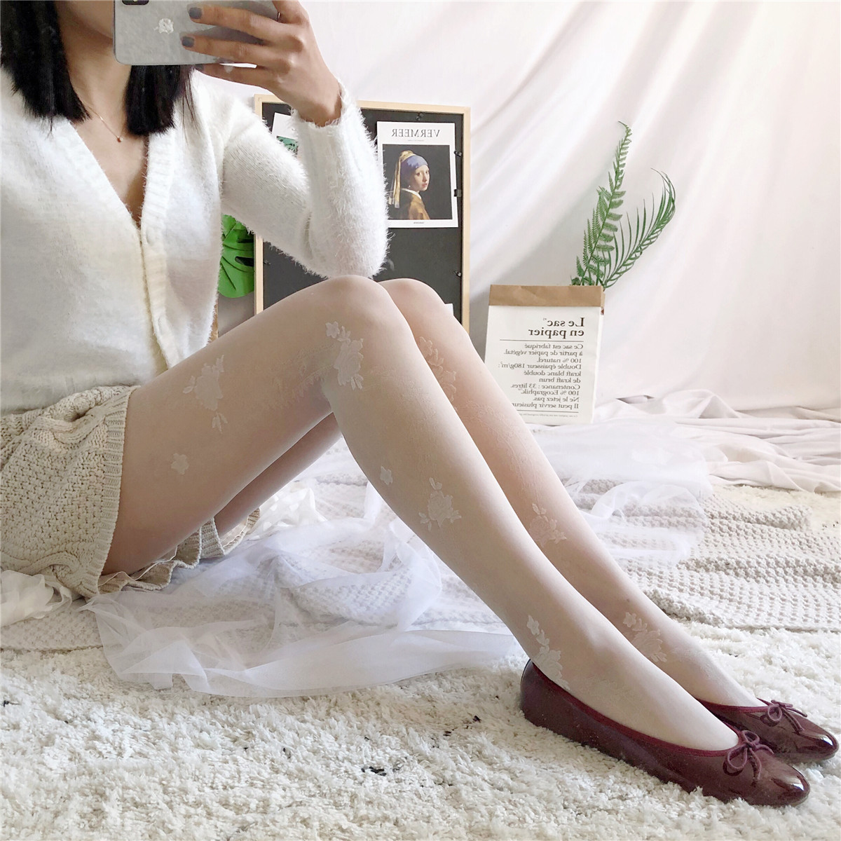 Vintage Rose Flower Rose Flower Embroidery White Stockings