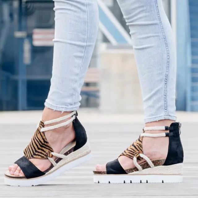 Round Toe Flat Wedge Heel Rhinestone Fish Mouth Sandals Tiger Pattern 37 - Shop at LoveMi