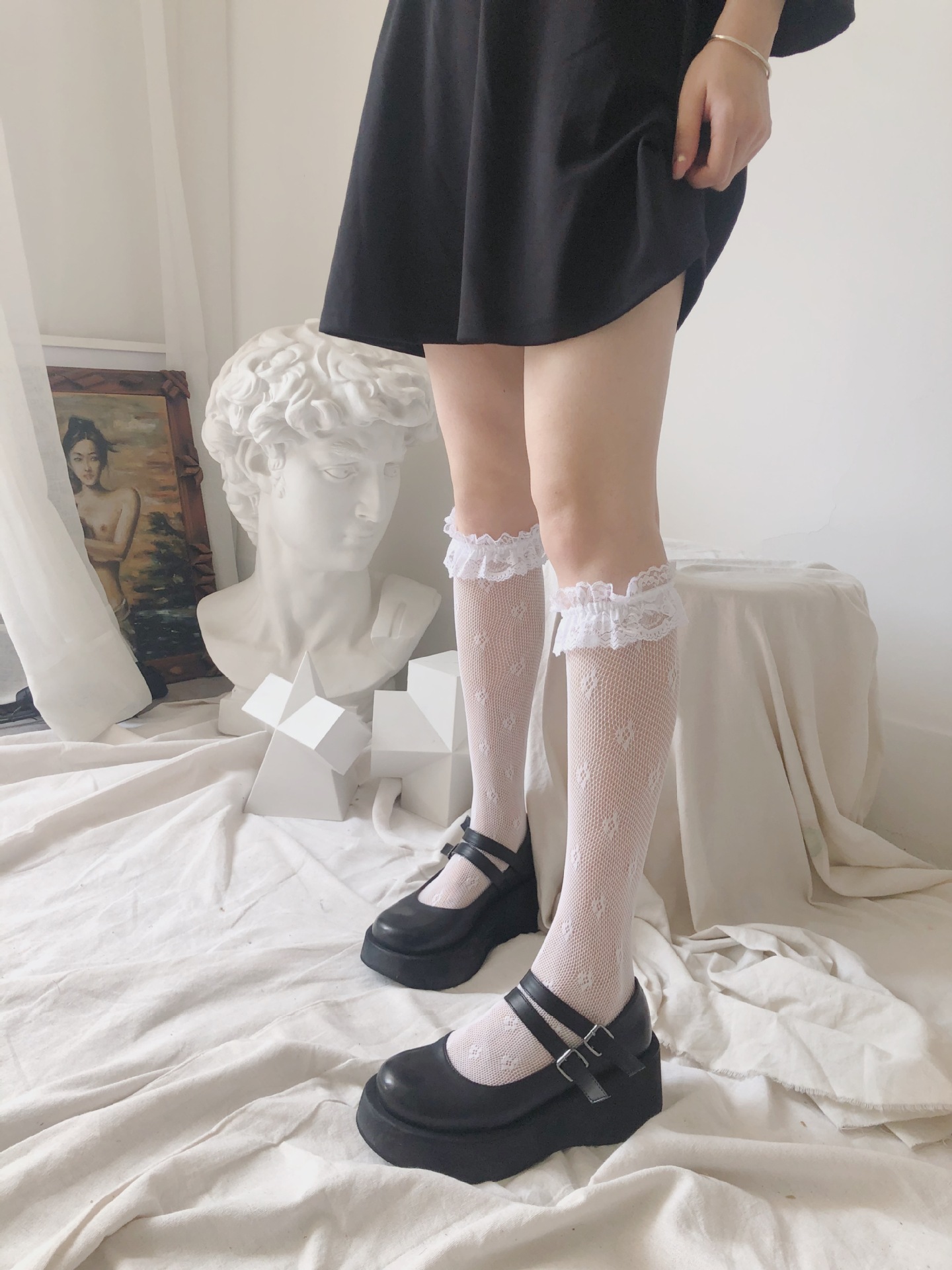 Title 7, Girls Lace Net Stockings Middle Socks Milky Whi...