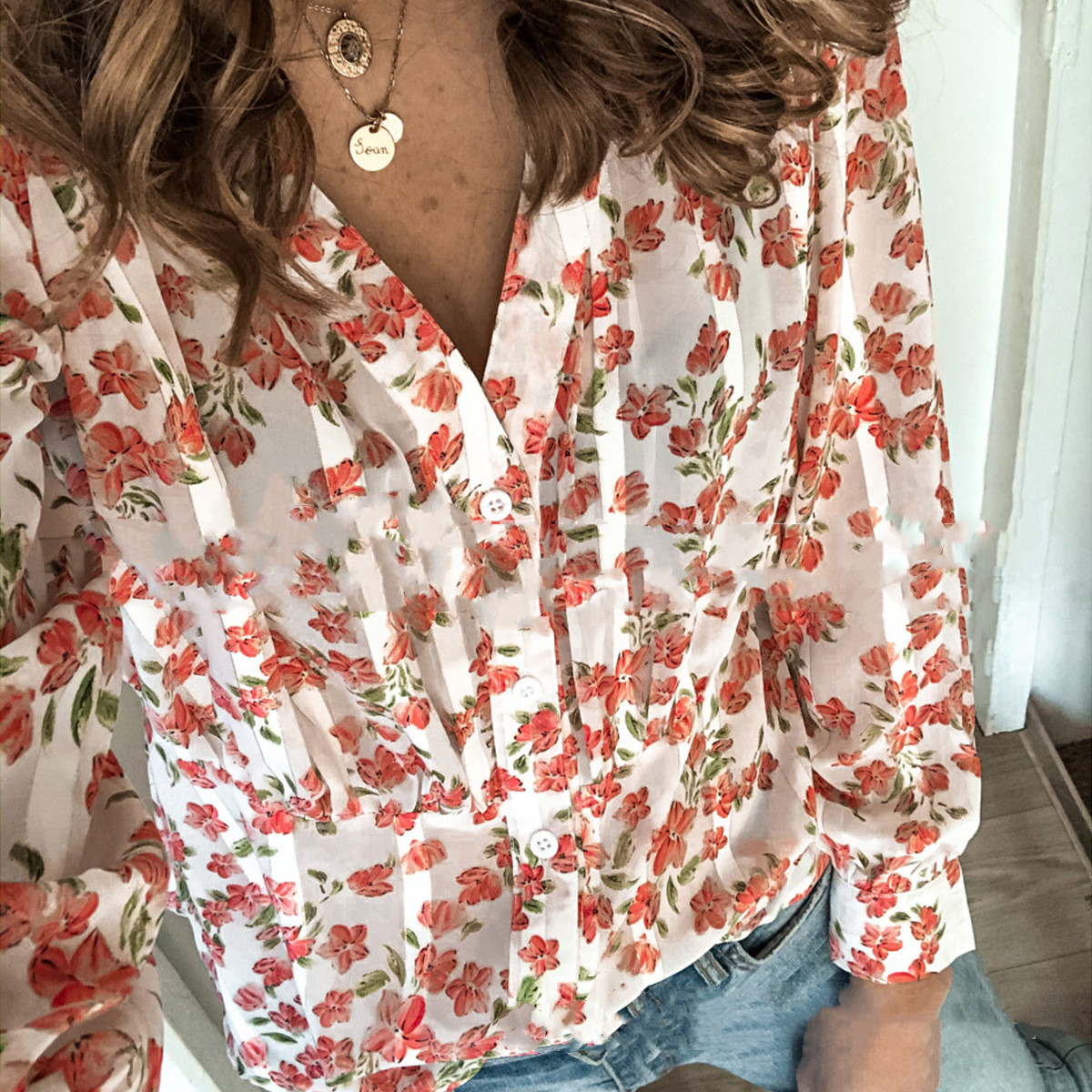 Casual Printed Button Long Sleeved Ladies Shirt