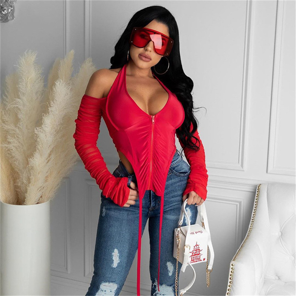 New V-neck Strapless Lace up Mesh See through Long Sleeved Top