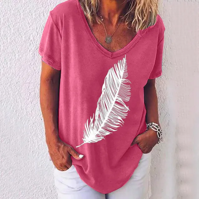 Short Sleeved V Neck Leaf Print Women's T Shirt Red - Shop at LoveMi