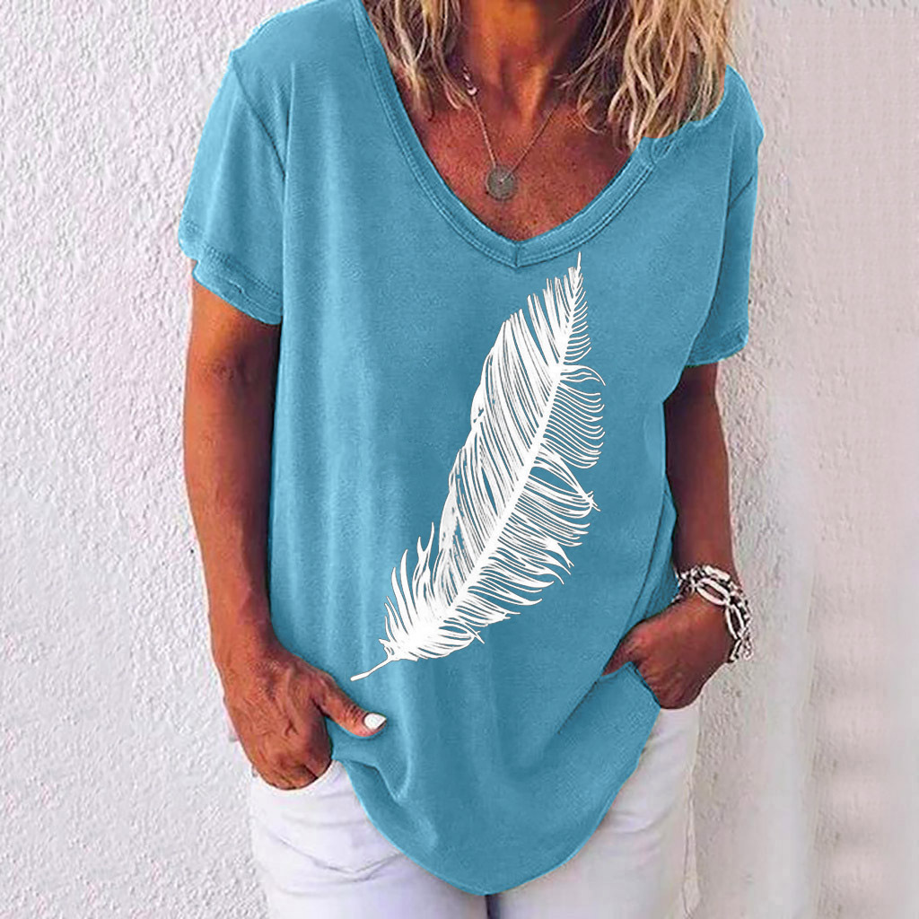 Short Sleeved V Neck Leaf Print Women's T Shirt