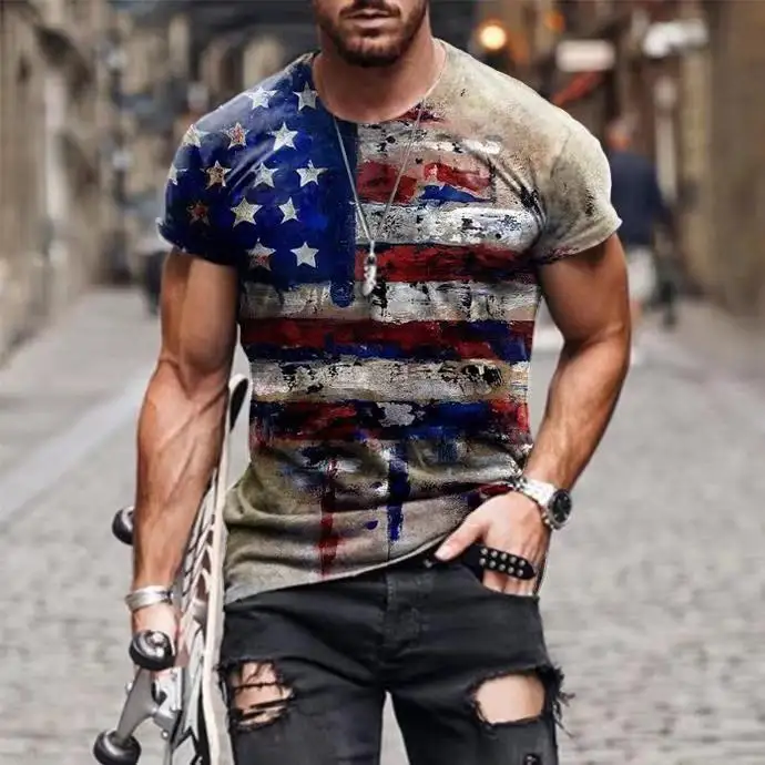Vintage USA Flag Print O-Neck T Shirt Mens Summer