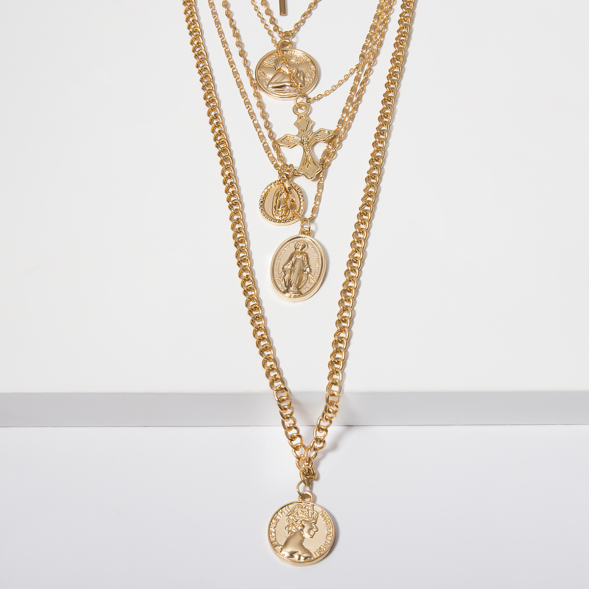 Personality Creative Embossed Necklace Retro Portrait Cross Mix And Match Multi-Layer Necklace